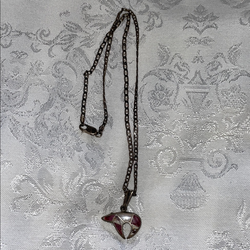 Rare Vintage Sterling Silver Inlay Elegant Pink Pendant Bear Necklace.  20” - Picture 6 of 11